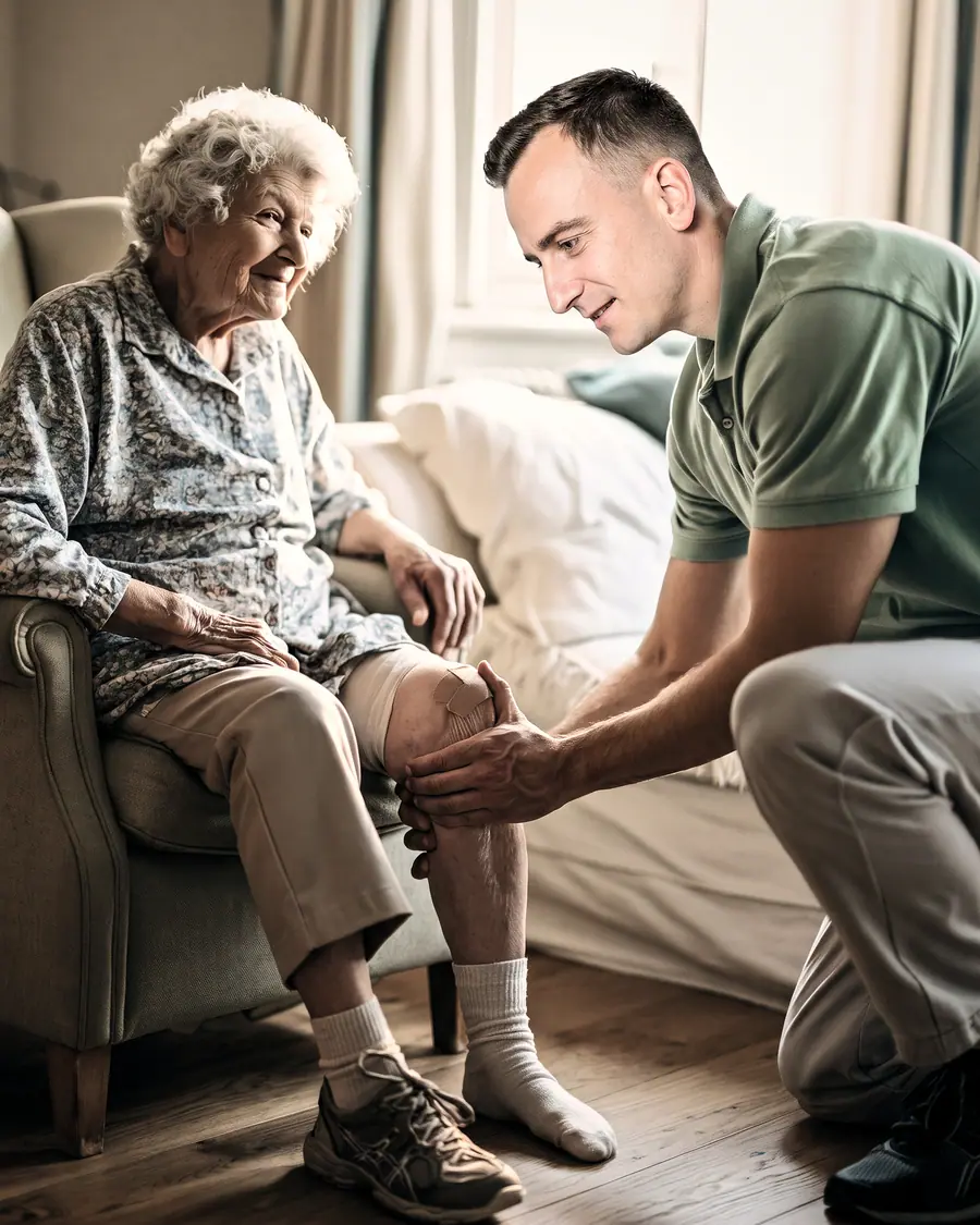 Chez elle, une dame âgée assise dans son fauteuil sourit au physiothérapeute accroupi qui mobilise son genou