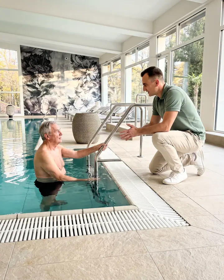 Homme âgé dans l’eau de la piscine, la main sur la rampe, guidé depuis le bord par un physiothérapeute