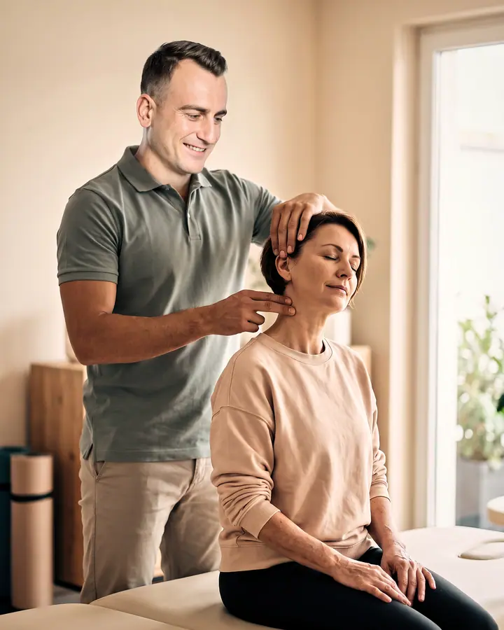 Physiothérapeute en polo vert palpant la nuque d’une patiente assise sur la table de soin, une main posée sur sa tête