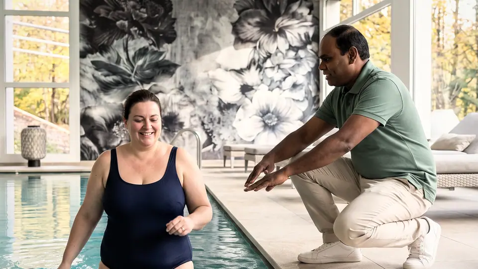 Dans la piscine, une patiente marche dans l’eau en souriant, guidée depuis le bord par un physiothérapeute
